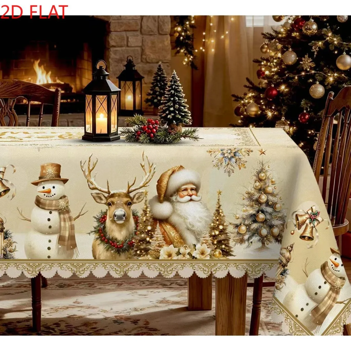 VIKAMA Christmas Snowman Reindeer Santa Tablecloth Cream Tree Bell Lace Border Washable Rectangle Table Cover for Dining