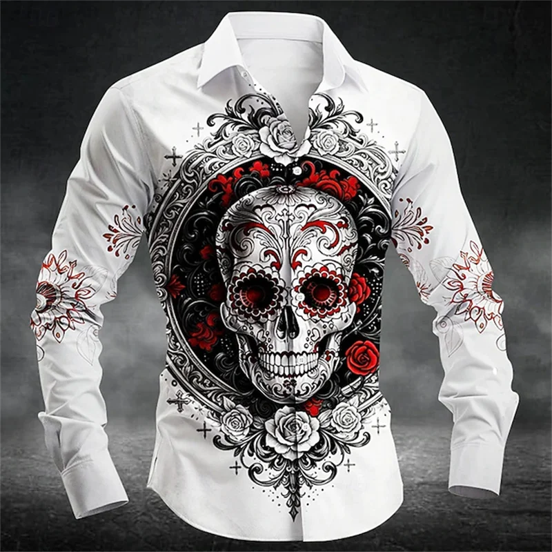Men's New Halloween Long-Sleeve Shirt – High-Definition Skull and Floral Pattern – Suitable for Casual Wear, Outings, and Partie