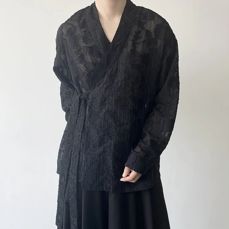 

New Chinese Style Men's Shirt with Belt Perforated Dark Desires Wind Knot Upper Body Long Sleeve Loose Fit Printed Pure Color