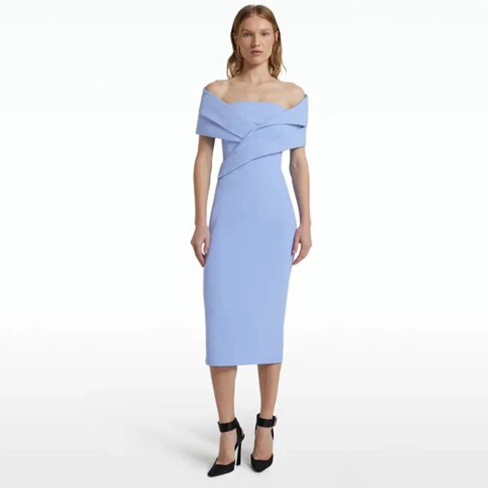 

Lavender Jersey Special Occasion Dresses Tiered Pleat Bespoke Occasion Gown Straight Off-the-shoulder Midi Dresses