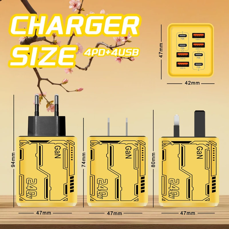 New 240W 8 in 1 USB C Charger Fast Charging Phone Charger Power Adapter For iPhone Samsung Huawei EU/US/UK Plug Wall Charger