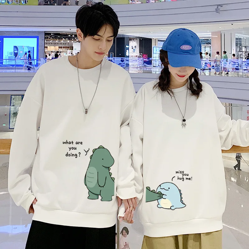 Cute Monster Dinosaur Print Matching Round Neck Couple Friend Hoodies Sweatshirts For Girlfriend Boyfriend Autumn Winter Custom