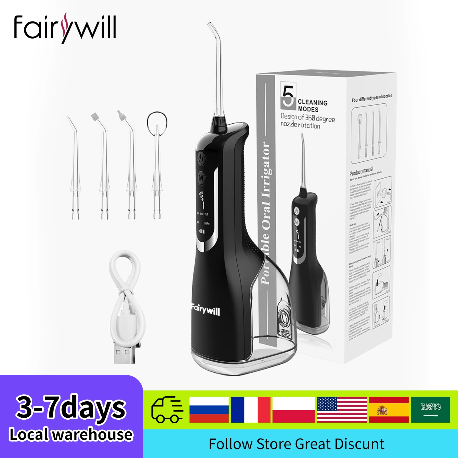 

Fairywill Oral Irrigator Portable Water Flosser Dental Teeth Cleaning Waterproof USB Charge With 5 Jets 3 Modes For Teeth Cleane