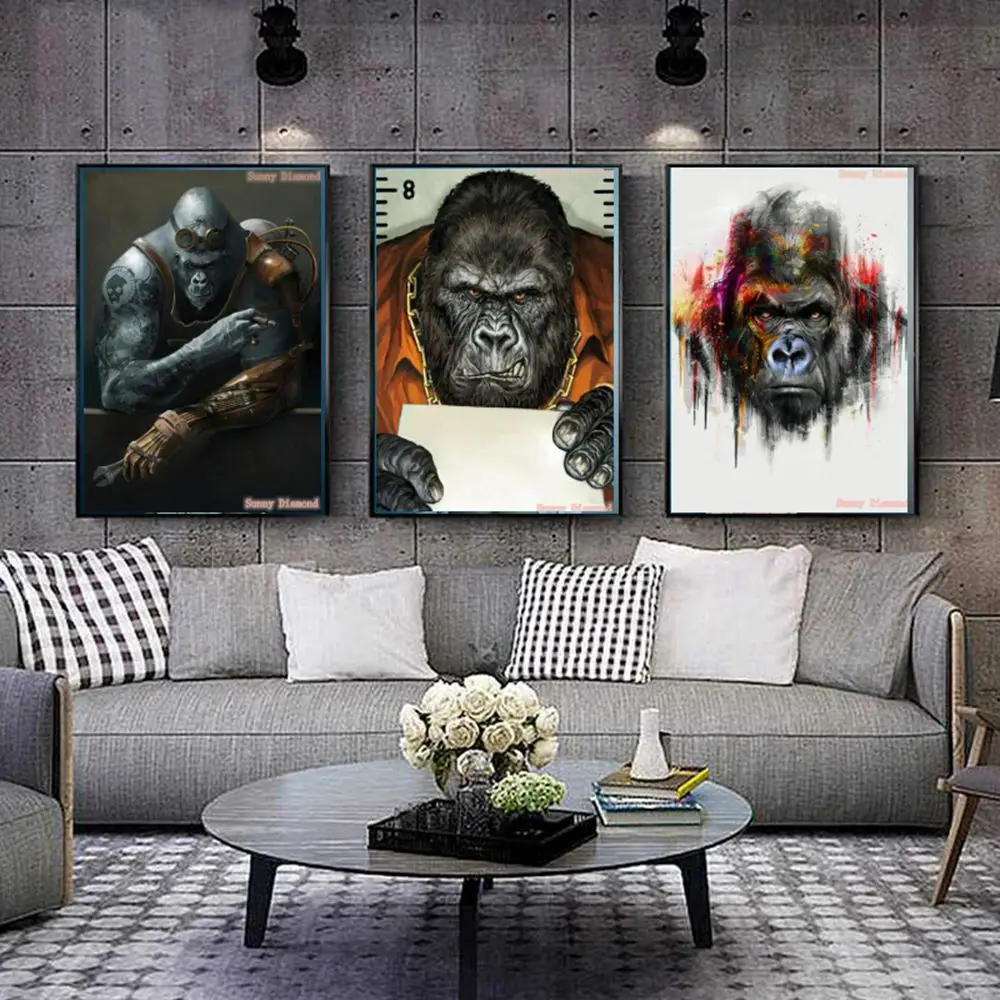 Watercolour Tattoo Gorilla Monkey Portrait 5D Diy Diamond Art Painting Funny Animal Cross Stitch Kits Drill Home Decor Cuadros