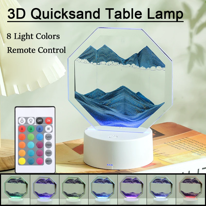 LED Moving Sand Art Table Lamp with 8 Color USB Quicksand Night Light 3D Sandscape Hourglass Bedside Lamps Home Decor Gift