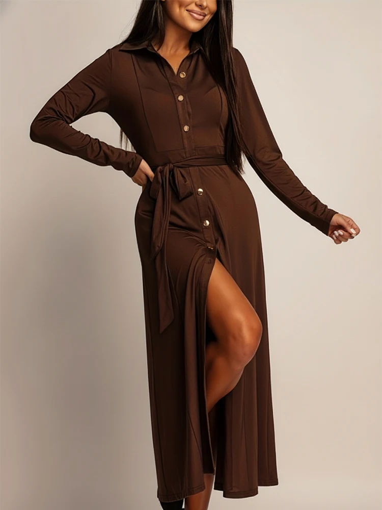 Yeezzi Damen-Hemdkleid, einfarbig, mit Gürtel, lässig, Büro-Revers-Hemdkleid, lange Ärmel, locker geknöpft, elegante Abend-Midi-Kleider