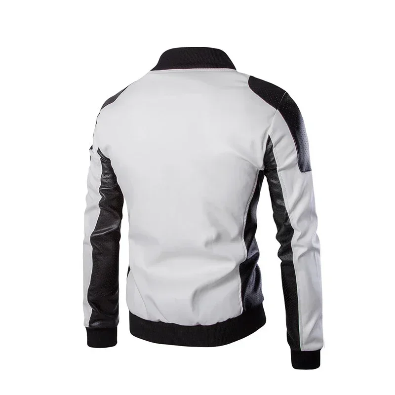 2024 New Men Stand Collar Coat Black White Color Matching Casual Leather Jacket Fashion Racing Clothing  PU Leather Jacket 5XL-M