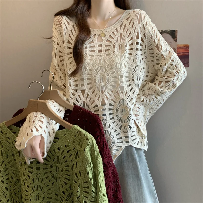 

Женская вязаная кофта n Vaion Sle Long Sve свободного кроя, пляжная одежда, с вырезами, повседневная, универсальная, антивозрастная