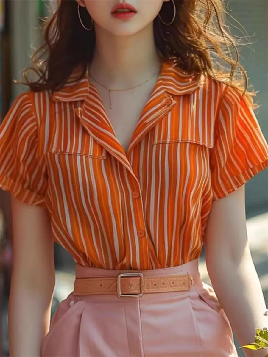 Letnia bluzka z krótkim rękawem w pionowe paski Damska nowa cienka bluzka w stylu francuskim