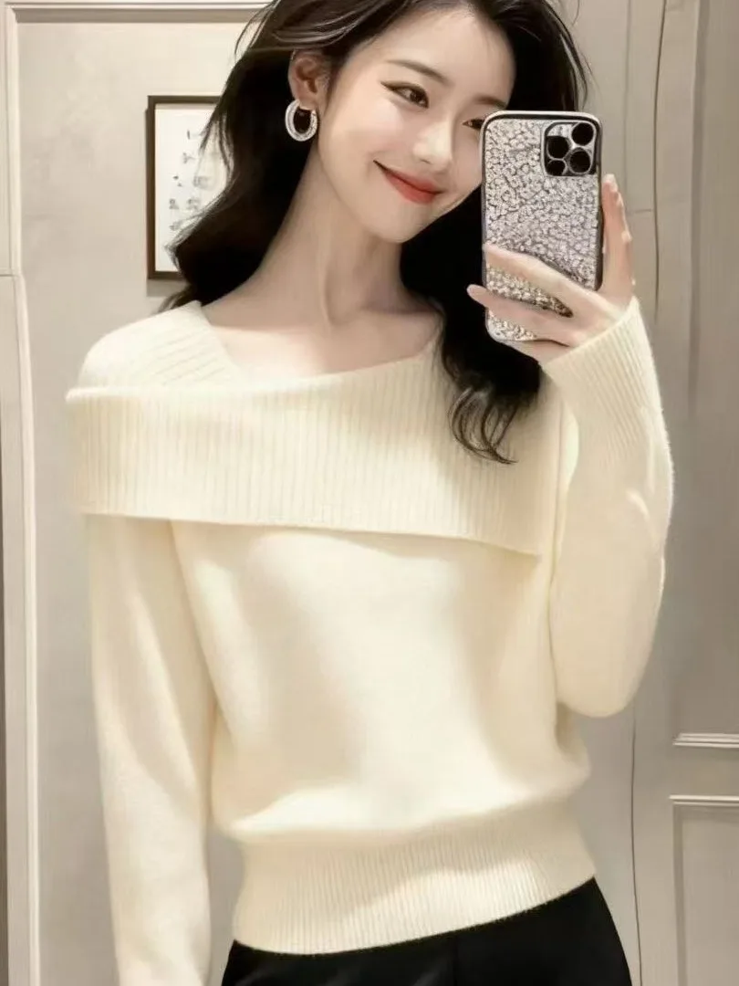 Faionable oulder Bared Long Sve pull tricoté col haut Ele Sle automne hiver femmes doux laine mélange tricots