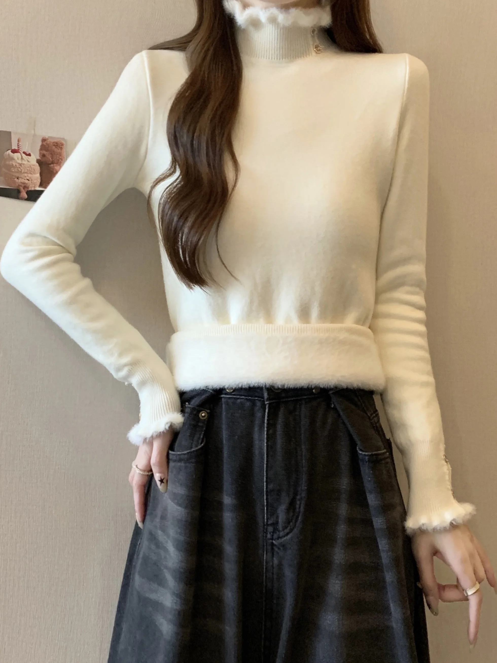 

plus Size High Collar Fleece Lined Thickened Knitted Base Shirt Women's Warm Top Sweater French Style Slim Fit Daily Wear