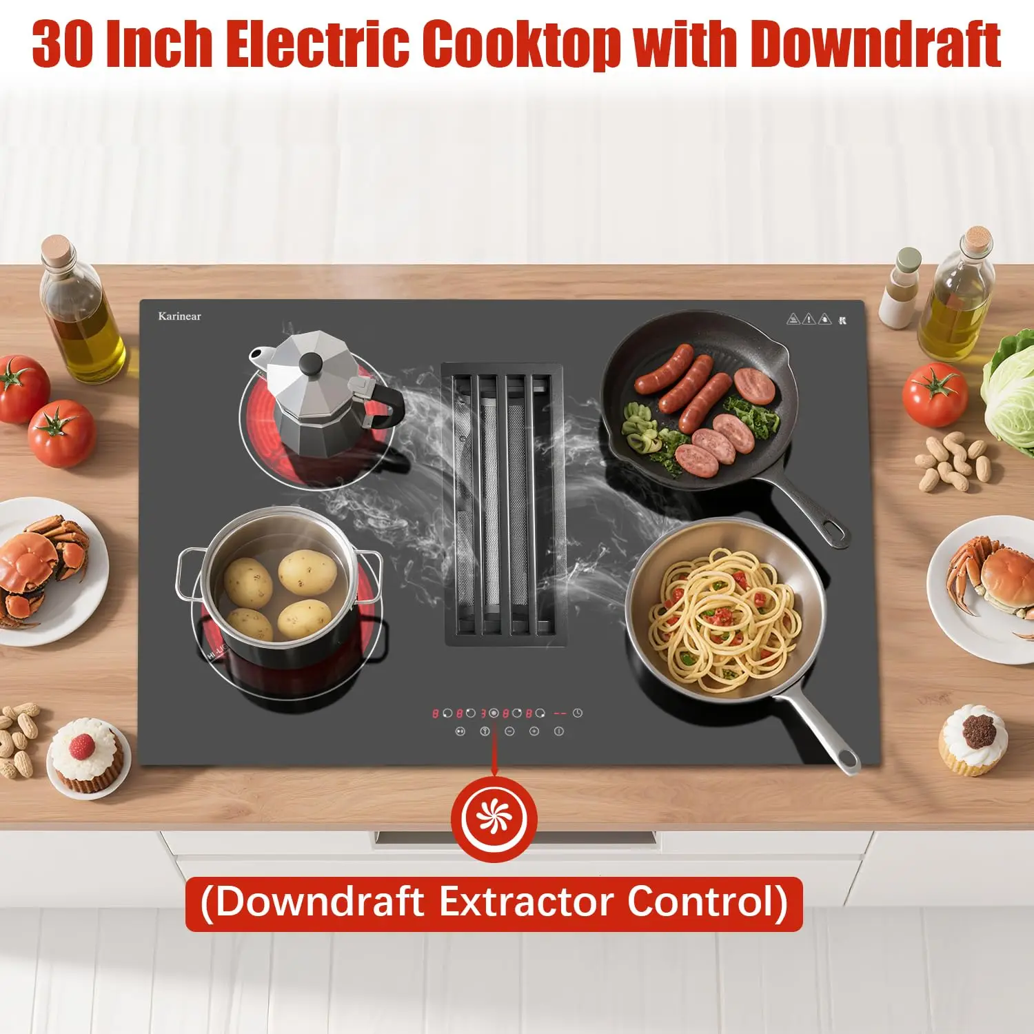 موقد كهربائي 30 بوصة مع شفاط نطاق سفلي، 4 شعلات، سلك صلب 240 فولت، 9 مستويات طاقة، مؤقت، مروحة عادم 3 سرعات