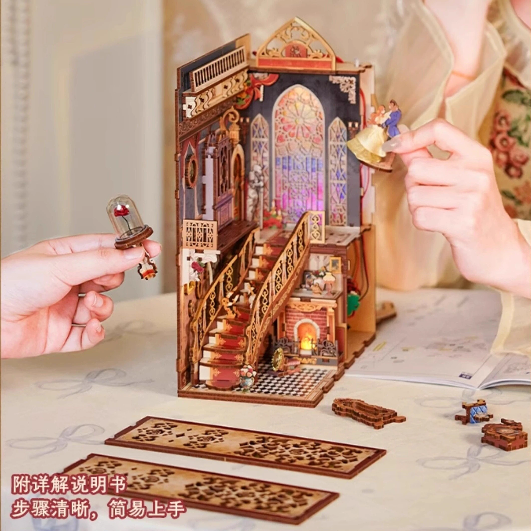 Tonecheer Beauty and the Beast Assembled Induction Bookend Wooden Building Blocks DIY Handmade Cabin 3D Model Creative Ornament