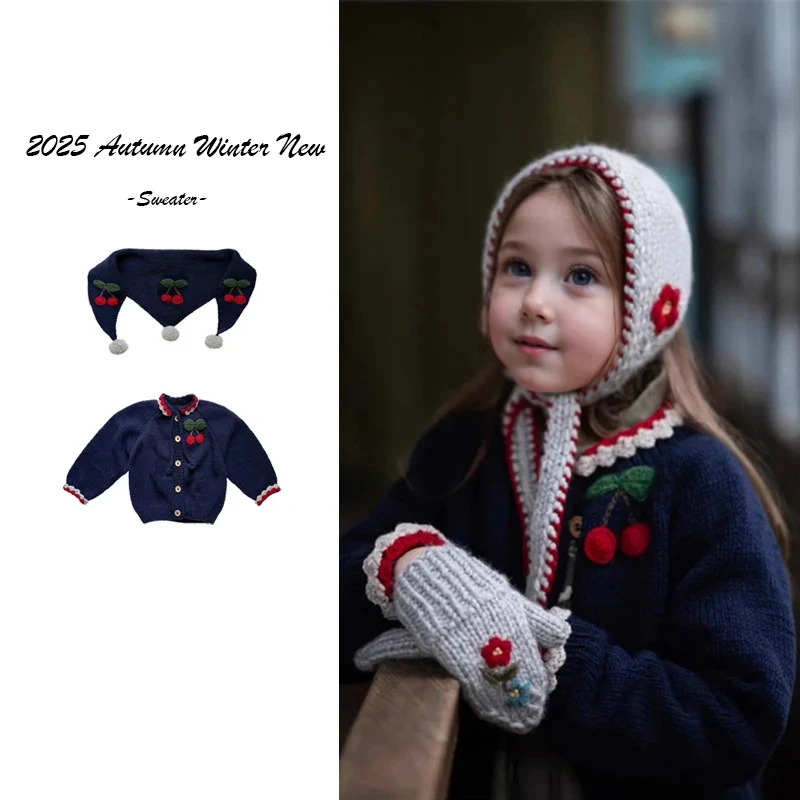 

2025 Winter New Girl Cherry Pattern Sweater Cardigan Scarf Children's Knitted Sweater Warm and Comfortable Children's Clothing