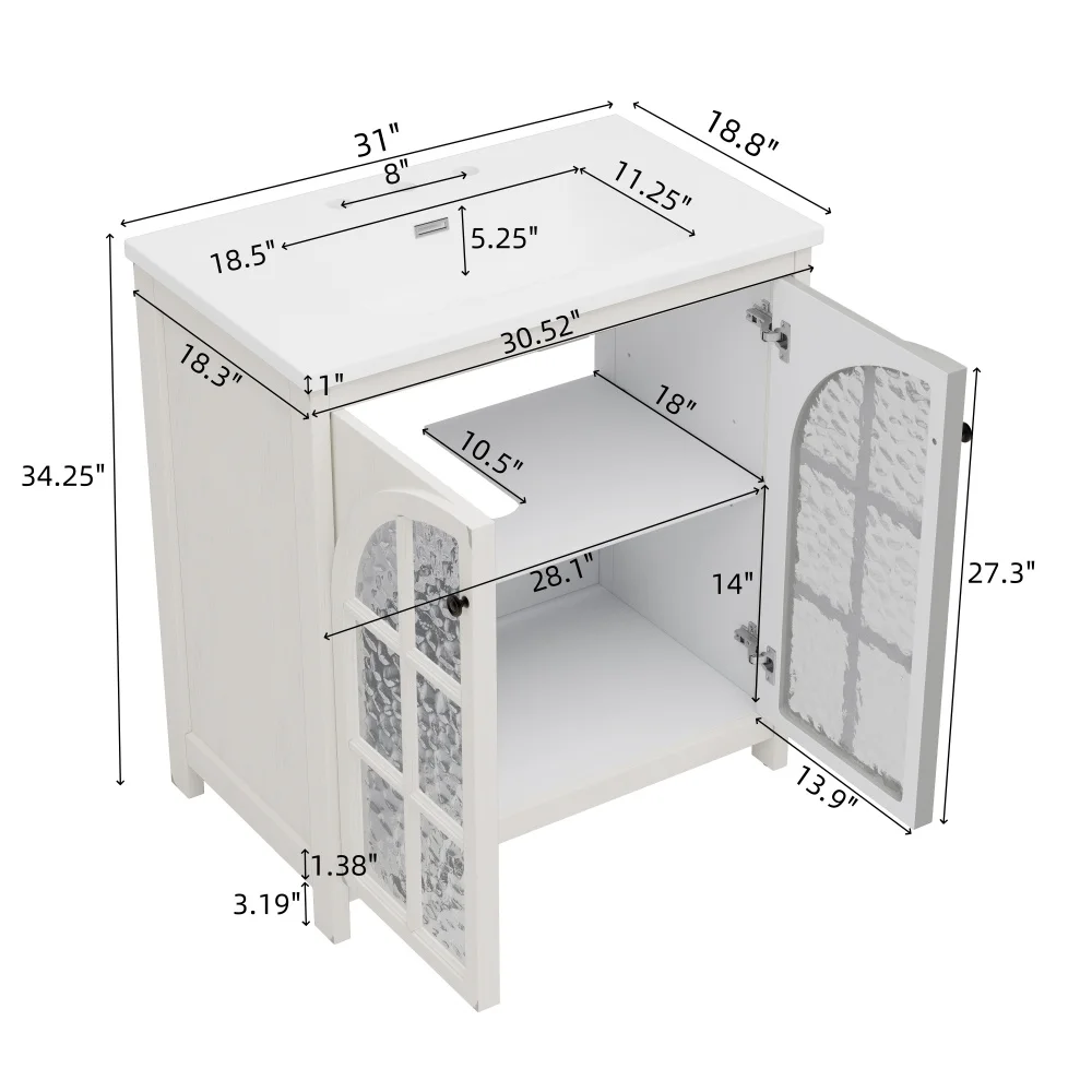 30Inch Vintage Rustic Bathroom Vanity - Antique White with Faux Aged Finish, Ceramic Sink, Bronze Pulls and 2 Soft-Closing Doors
