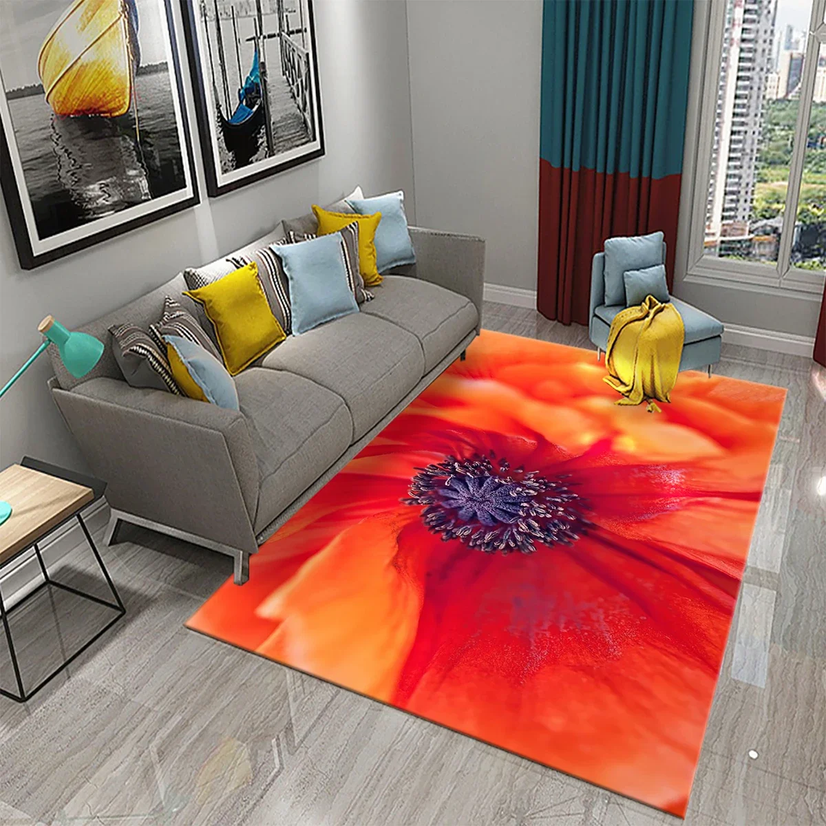 3D Red Poppies Carpet Romantic Sea of Flowers Rugs Doormat for Bathroom Kitchen Entrance Rugs Bedroom Living Room Decor Area Rug