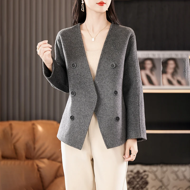 

2025 Spring and Autumn New Simple Large V-neck Women's Coat 100% Pure Wool Short Reversible Woolen Coat Fashion Suit
