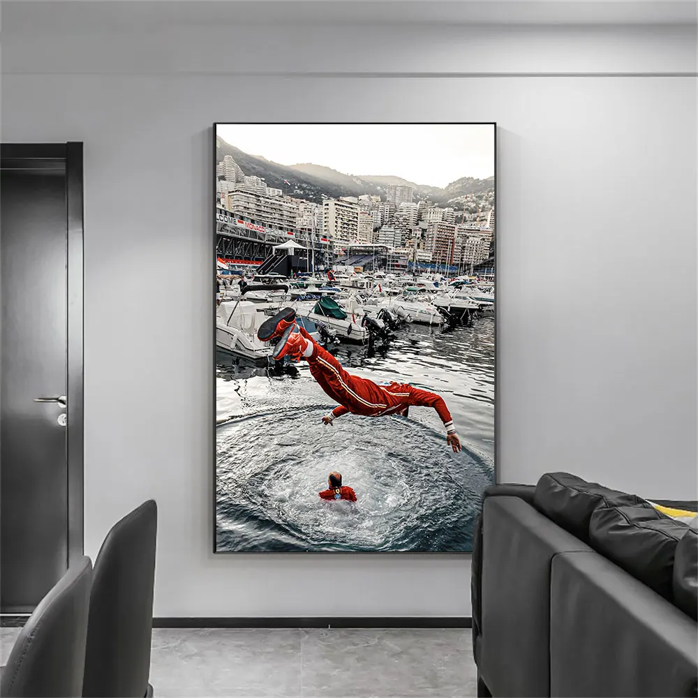 

Charles Leclerc F1 Formula 1 Monaco GP Victory Poster Canvas Champion Celebration Port Jump Wall Art Home Decor