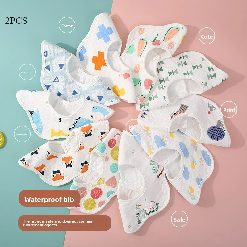 

2 PCS Unisex Baby Waterproof Bibs, Knitted Cotton Gauze, Absorbent Cartoon Printed Baby Drool Bibs with Petal Design