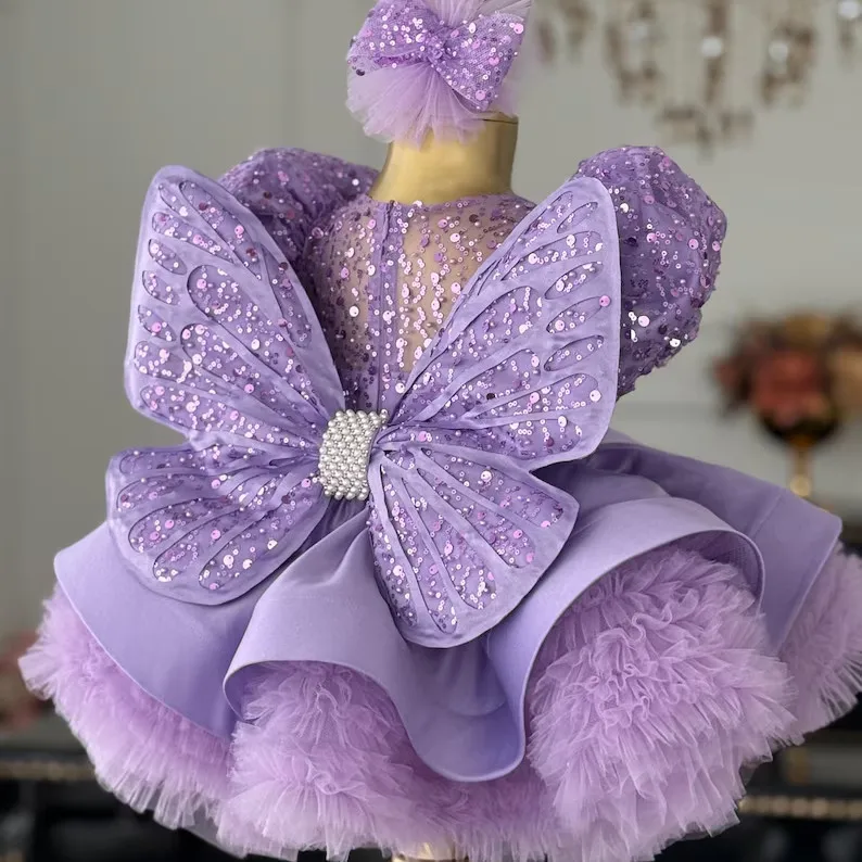 custom-luxury-dress-wedding-guest-gown-flower-girl-gown-birthday-party-gown-pageant-show-purple-butterfly-sequin-puff-sleeve