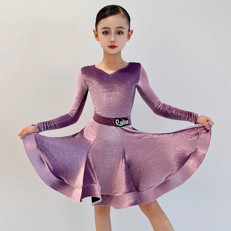 

Костюм для латиноамериканских танцев для девочек, наряд для соревнований, осенне-зимний, блестящий, из бархата, высококачественный, стандартный, официальный костюм для детей.