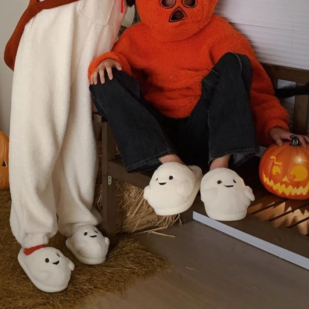 Cute Soft Ghost Slippers Silent Warm Halloween Plush Slippers Thick Sole Fur Winter Fluffy Slides Indoor