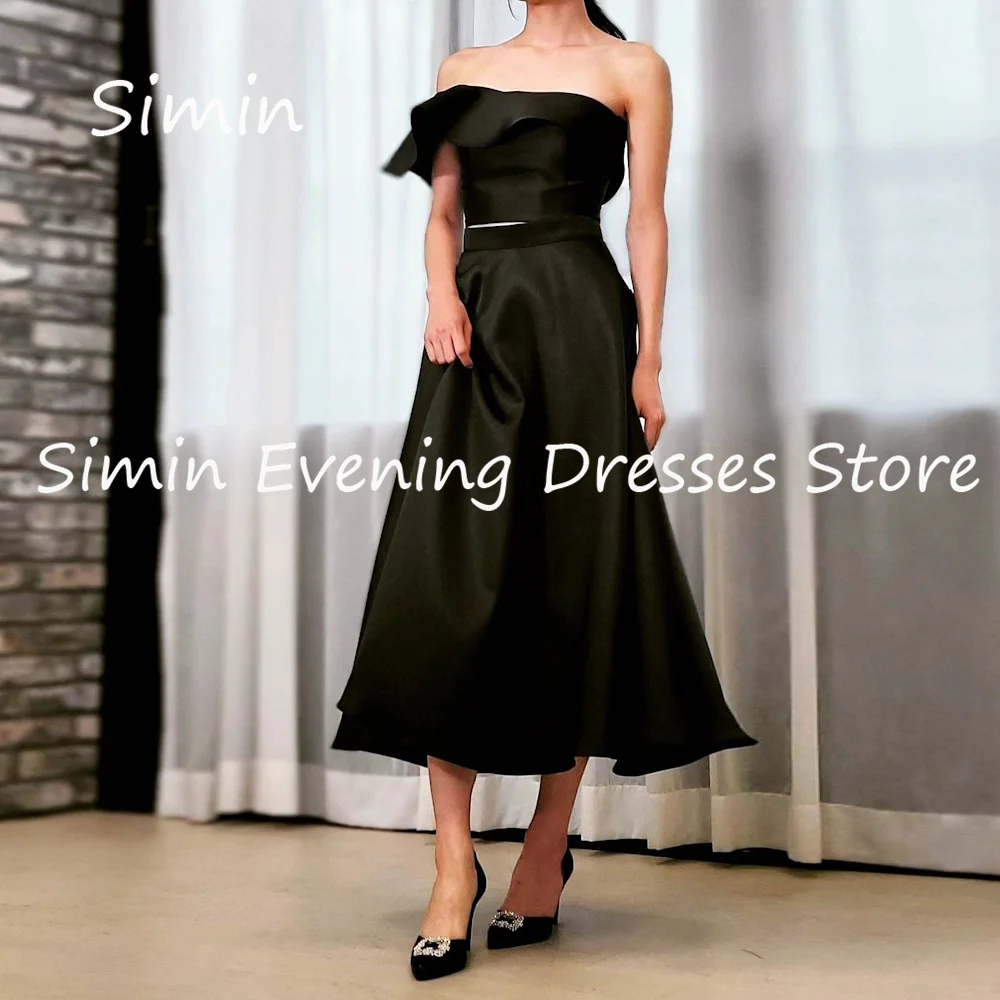 

Simin Satin A-line Off-the-shoulder Ruffle Formal Prom Gown Korea Tea-length Evening Elegant Party dresses for women 2023