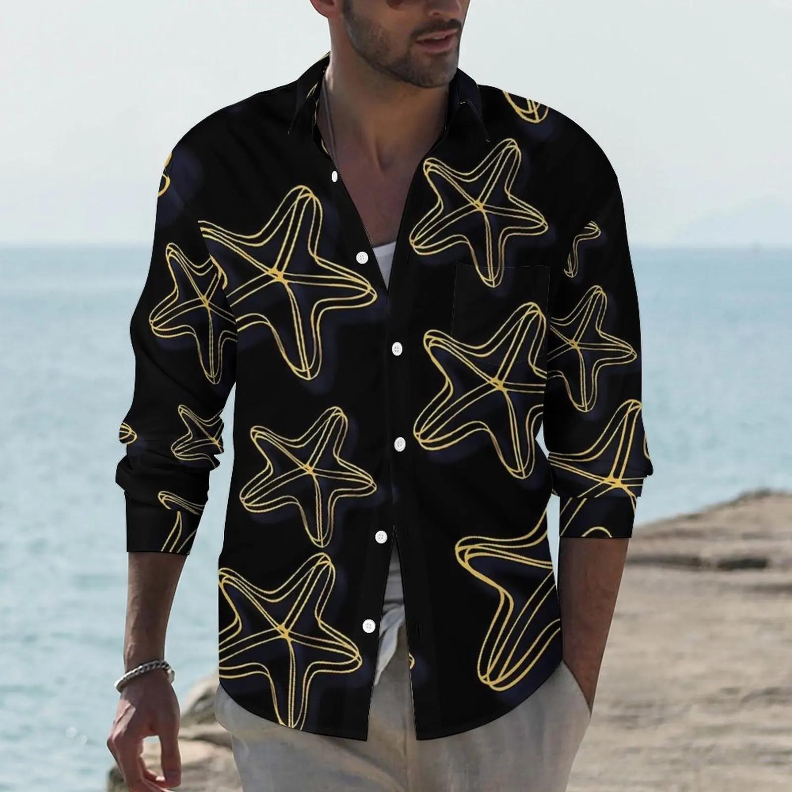 

Starfish Print Casual Shirts Men Abstract Animal Shirt Long Sleeve Fashion Aesthetic Blouses Spring Custom Clothing Plus Size