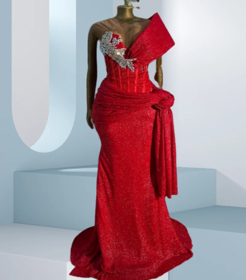 

Customized Stunning Red Evening Dresses Off The Shoulder Crystal Long Aso Ebi Gowns Maxi Wedding Night Party Robe