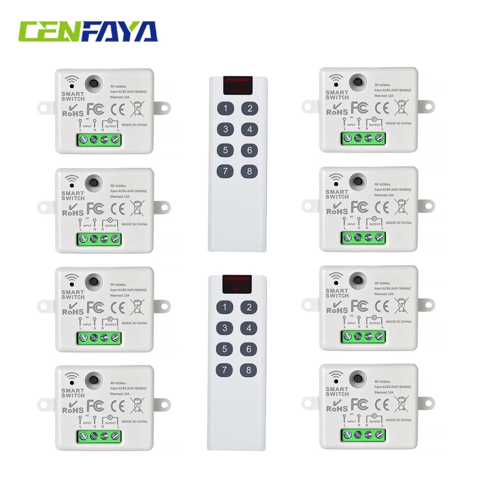 CENFAYA 8-Zone 433MHz Wireless Light Switch ON/OFF 110V 220V 230V 10A Relay Receiver RF Hand Remote Control FR LED Lamp Bulb Fan