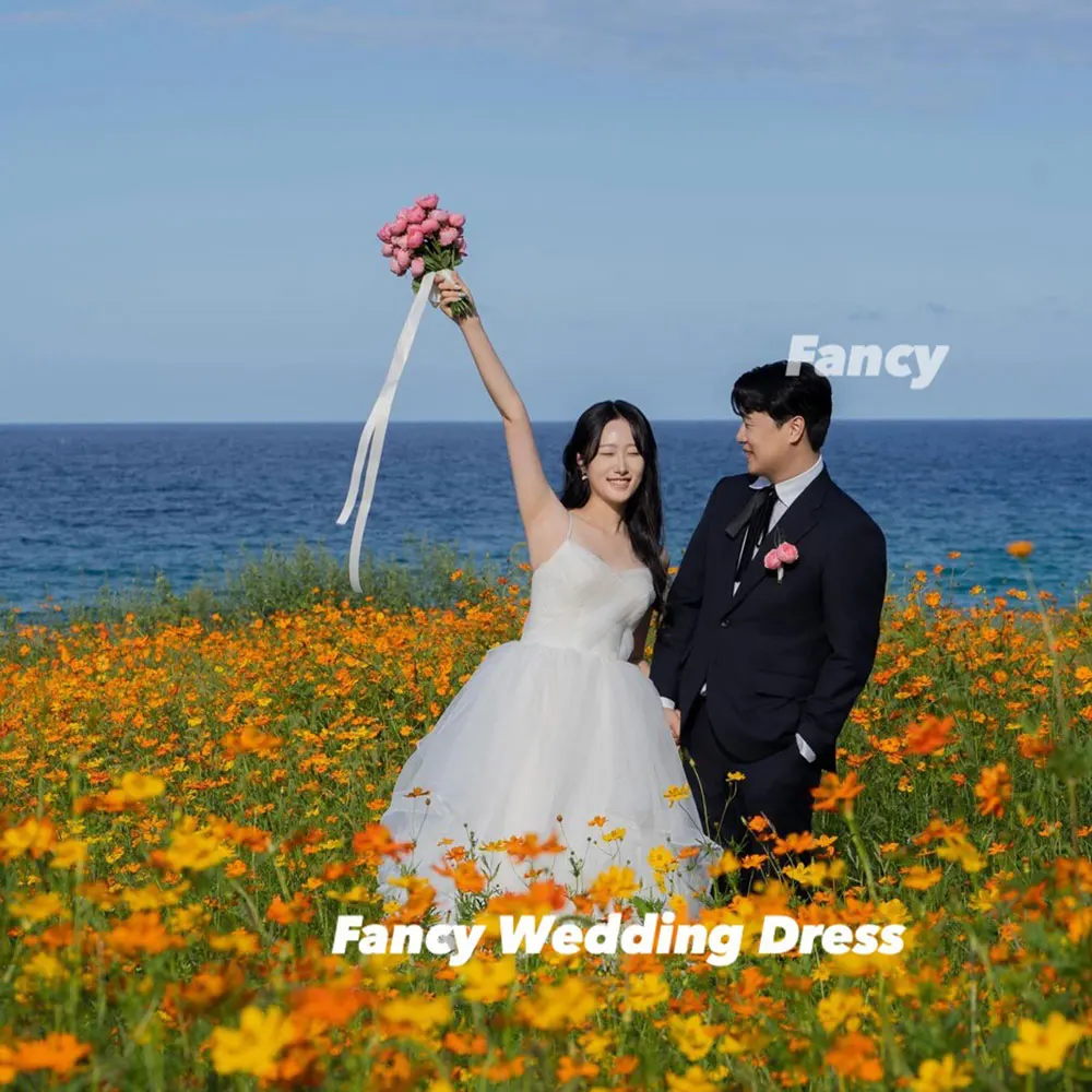 Fancy Princess V Neck Wedding Dress Korea Photography A Line Soft Tulle Bridal Gown Spaghetti Straps Back Corset Customized