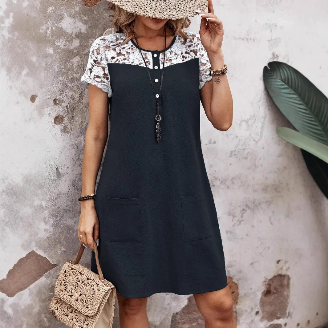 

Fashion Solid Color Lace Interfacing Bag Short-sleeved Dress Women 2025 Summer Casual Round Neck Button Mini Dress For Women