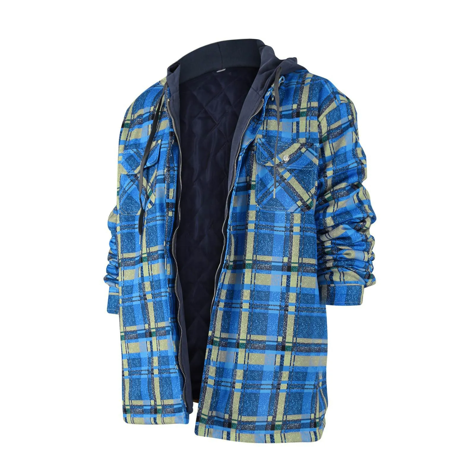 Herenoverhemden Patchwork Dikke Fleece Gewatteerde Gevoerde Jas Lange Mouwen Capuchon Camisas De Hombre Jas Winter Plaid Flanel