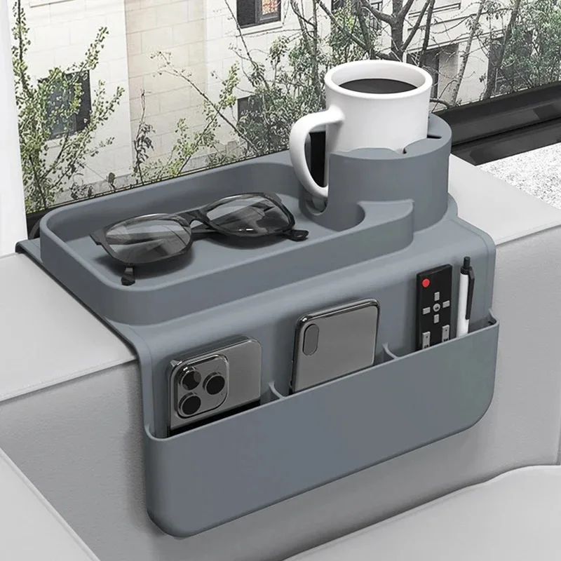 

Silicone Couch Cup Holder Tray with Side Pockets Sofa Arm Organizer Couch Armrest Table for Cup Phone Tablet Remote Control
