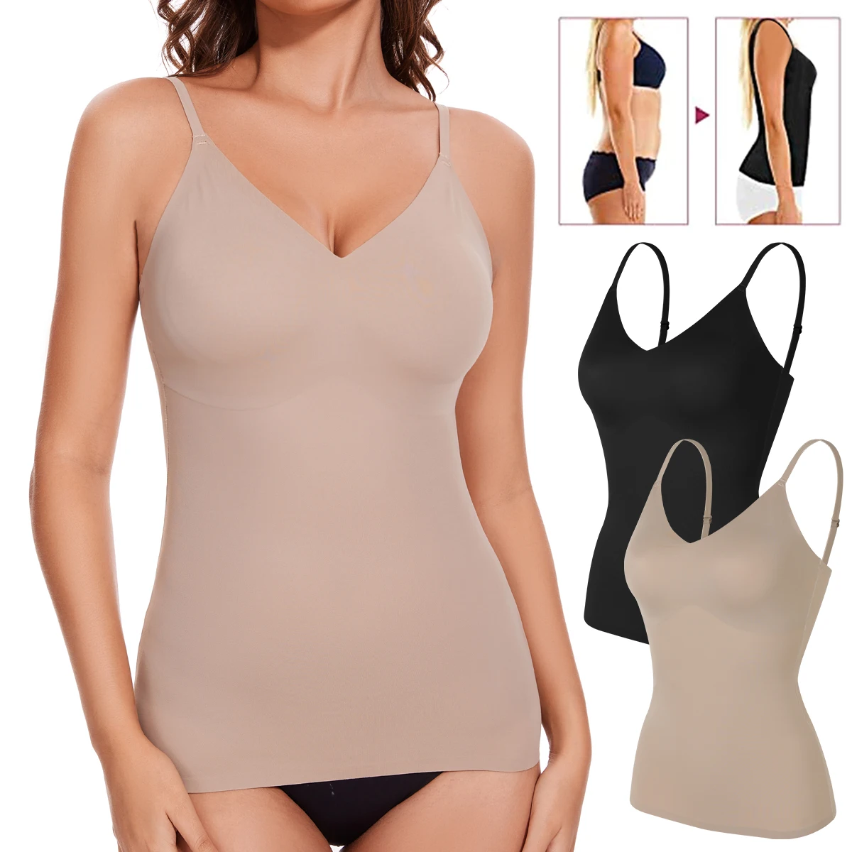 

Womens Shapewear V-Neck Camisole Tummy Control Shaping Tank Tops Slimming Underwear Seamless Corset Compression Body Shaper Vest