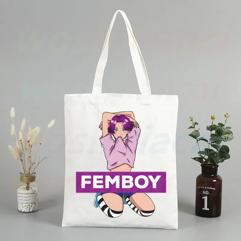 Femboy fairycore 90s Women Canvas Shopper Bag with Handle Eco Foldable Reusable Tote Bag Book Key Phone Shopping Bag