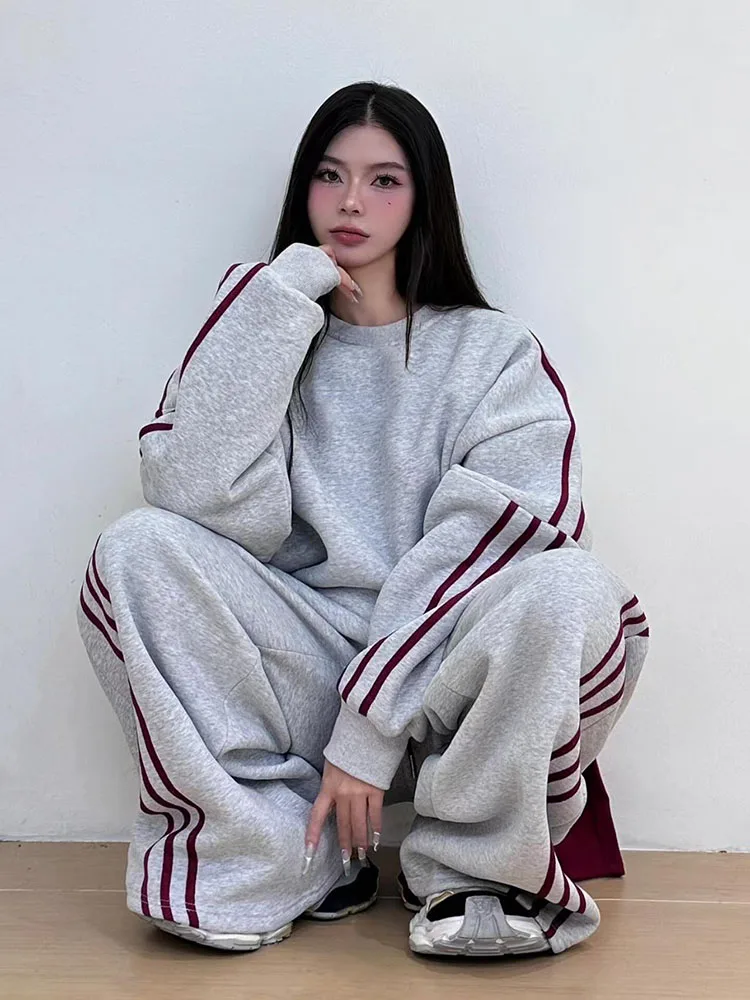 

Полосатый комплект из двух предметов с круглым вырезом и высокой талией, корейская мода, женская повседневная спортивная одежда Conjunto, уличная одежда, мешковатые новые брюки в тон