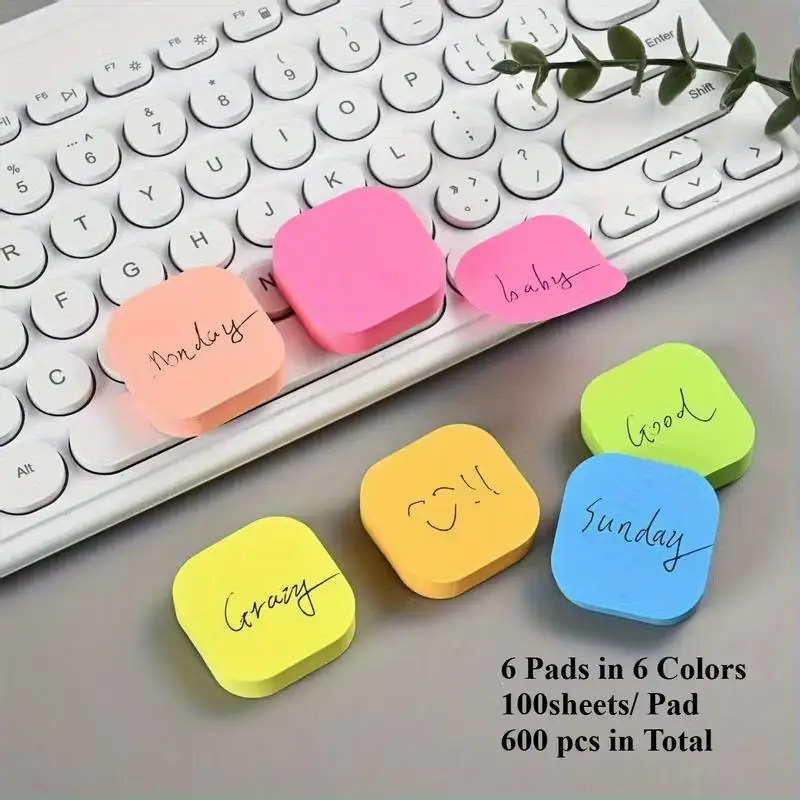 600pcs Colorful Sticky Notes – Round & Square, Anti-Curl, for Office, School, Notebooks, Memo