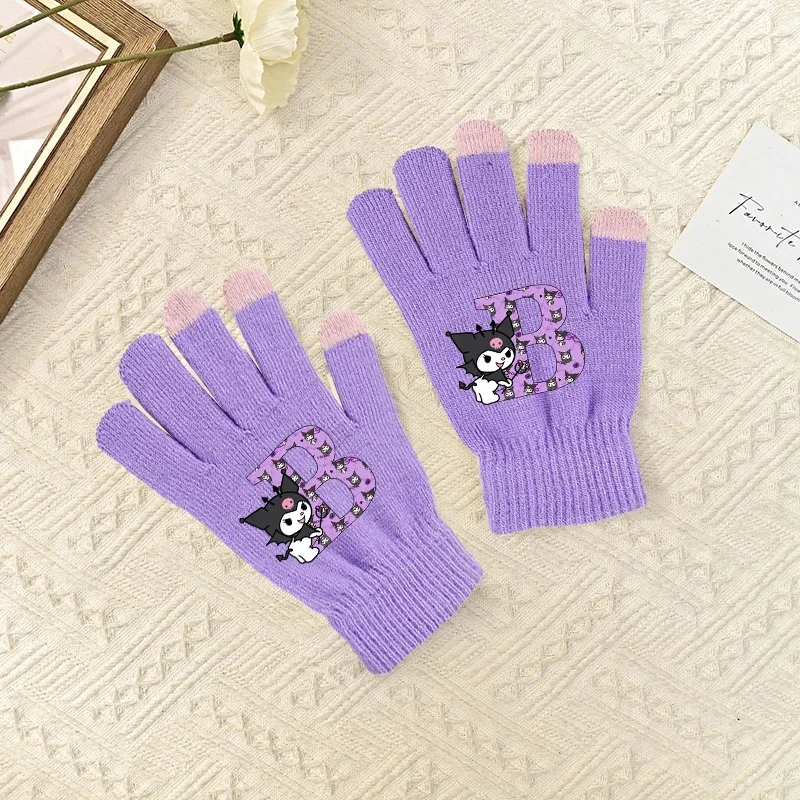 Sanrio Kuromi Children's Gloves Letter Printed Winter Warm Kids Knitted Full Fingers Mittens Girls Cartoon Touchable Screen Gift