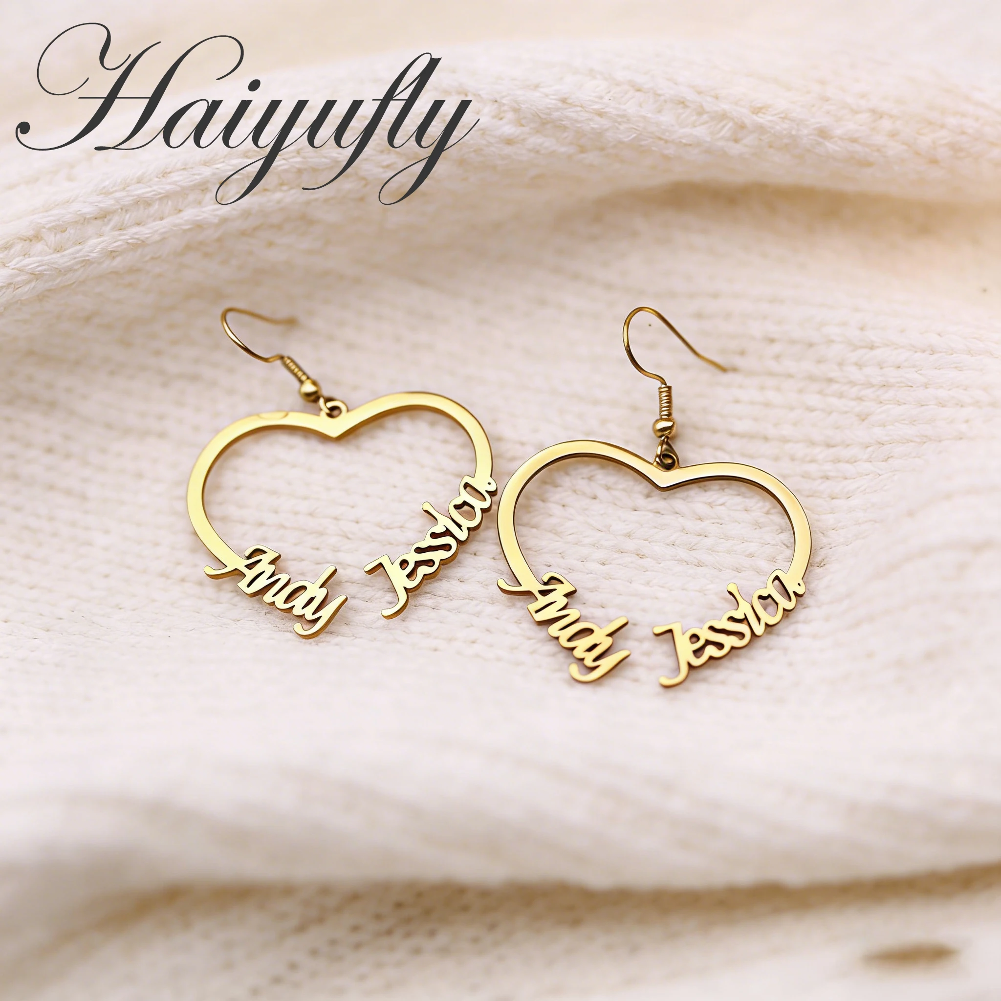 

Серьги Haiyufly с двойным именем на заказ для женщин и девушек, из нержавеющей стали, в форме сердца, парные, персонализированный подарок на День матери