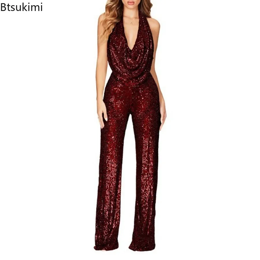 Nieuwe Pailletten Jumpsuit Vrouwen 2024 Lente Zomer Mouwloze Hangende Hals Pailletten Wijde Pijpen Jumpsuits Dame Outfits Club Party Outfits