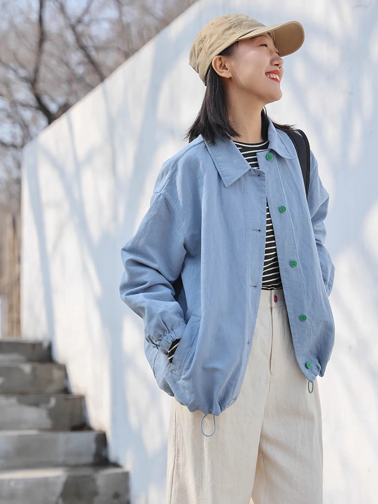 

Ele Commuter Sle Han Han Cotton Linen Casual Jaet Women's Loose Fit Collar Outerwear Blue New Autumn Design