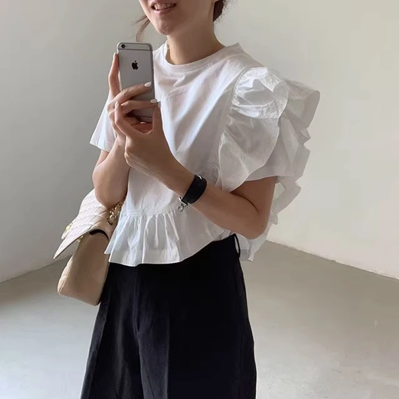 Korean Fashion Elegant Short Shirt Irregular Design Ruffle Summer Blouse Women O Neck Loose Casual Short Sleeve White Tops 27815