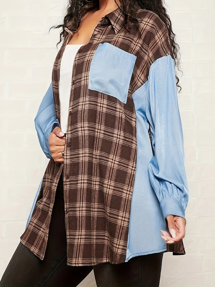 Women Checkered Jacket Plus Size Splicing Design Simplicity Fashion Versatile Flip Collar Single Breasted Button Plaid Coat