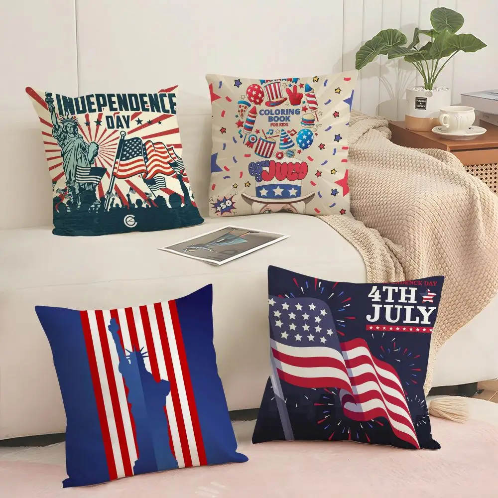 Independence Day Cushion Cover Breathable Linen Pillow Cover Skin-Friendly Home Decor Pillowcase with Hidden Zipper