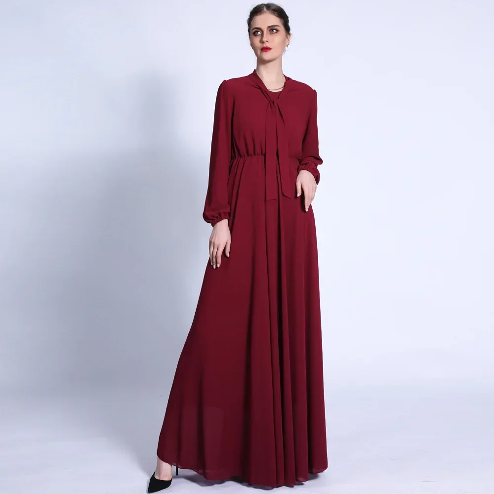 Floating Band Neck Abayas Chiffon Muslim Dress Women Autumn Elegant Party Arab Morocco Abaya Dubai Turkey Islam Kaftan Musulmane