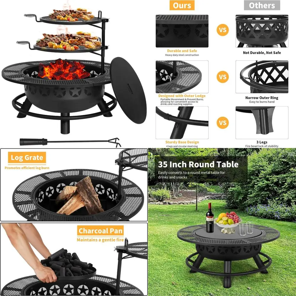 

35 Inch Outdoor Wood Burning Fire Pit with Cooking Grates and Charcoal Pan, Steel BBQ Grill Bowl with Cover Lid, Perfect for Bac