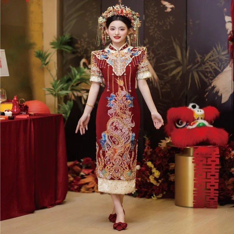 

Wedding dress heavy industry toasting engagement cheongsam Chinese-style
