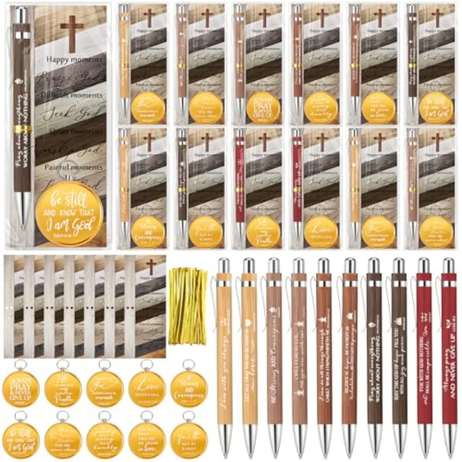

50 Sets Father's Day Christian Gifts for Men Religious Bamboo Pens Bible Verse Bookmarks Engraved Brass Compass Bible Quotes fo