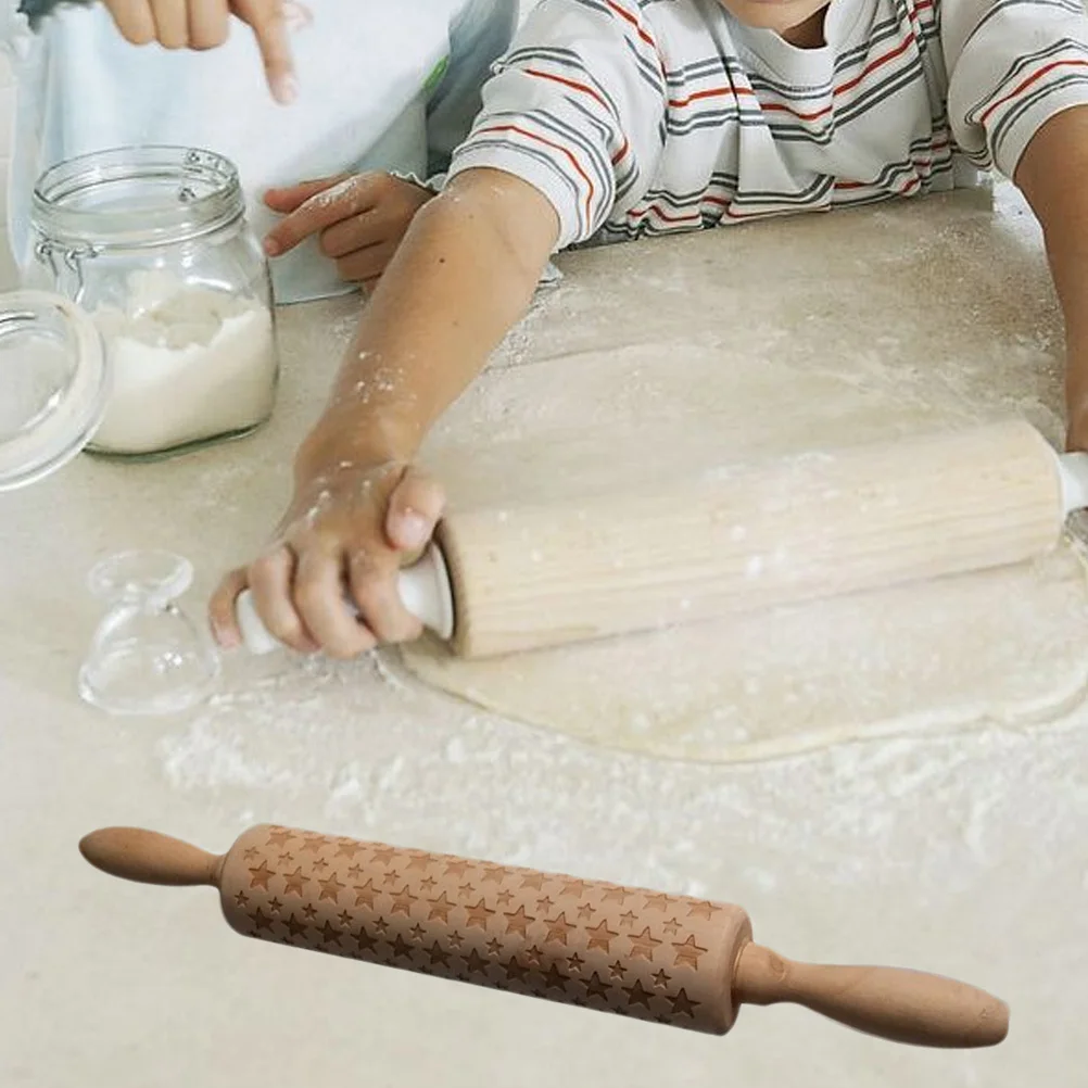 

Wooden Rolling Pin 12Inch Non-Slip Handle Embossing Rolling Pin For Baking Pizza Pastry Dough Home Kitchen Use